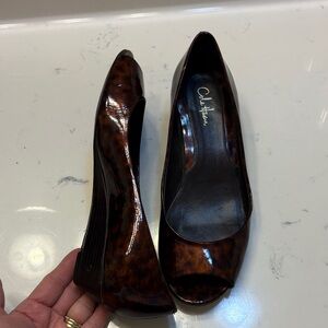 Cole Haan Brown Tortoiseshell Patent Wedge Peep-Toe Heels